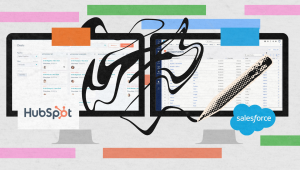 Two computer monitors display hubspot vs salesforce dashboards, connected by tangled black lines that symbolize complicated data transfer. Colored rectangles decorate the background.