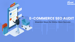 Google Docs draft of an "Ecommerce SEO Audit" blog with a featured image showing a digital storefront and an introduction explaining the importance of SEO audits.