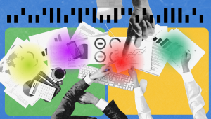 Business team analyzing charts and graphs on colorful background with hands pointing at data.