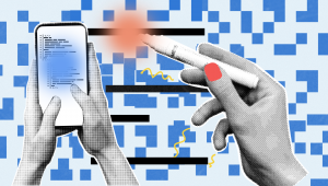 This digital collage-style image shows a stylized hand holding a smartphone with code displayed on the screen, while another hand uses a marker to redact or blur out information. The background consists of abstract blue pixel blocks and yellow squiggly lines, symbolizing data, coding, or digital censorship. The overall aesthetic merges tech, privacy, and digital design themes.