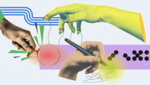 A digital collage-style illustration featuring a variety of hands performing tasks: one yellow hand puppeteers strings, another writes with a pen, while another uses tweezers with green geometric shapes. A red glowing circle, purple rectangle, and black dots add visual complexity in a surreal, retro-futuristic art style.