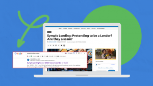 A digital illustration of a laptop displaying a search engine results page for "Symple Lending," highlighting the importance of ranking on Google's first page for financial services SEO.