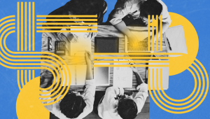 A top-down black-and-white view of a business meeting where four people are working collaboratively around a table with laptops, documents, a calculator, and glasses. The image is overlaid with abstract yellow curved and parallel line graphics against a vibrant blue background, creating a visually dynamic composition. The design blends corporate teamwork with bold modern aesthetics.