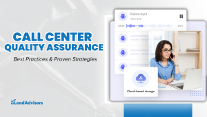 A visual guide to call center quality assurance best practices, featuring a customer service agent, cloud-based storage, and call monitoring insights.