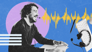 A stylized digital collage features a cheerful customer service agent wearing a headset and typing on a keyboard. A vibrant yellow waveform runs across the image, symbolizing voice or call activity, while floating elements like a pen, keyboard, and headset add a dynamic, tech-driven feel. The background includes bold colors like blue and purple for a modern, energetic tone.