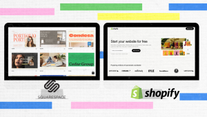 Two tablets display website builder homepages: one for Squarespace with image-heavy templates, and the other for Shopify’s product-focused layout, highlighting the shopify vs squarespace comparison on a colorful, striped background.