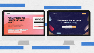 Side-by-side comparison of Kajabi and ClickFunnels homepages on desktop screens, highlighting their core value propositions for online business owners in 2025.