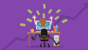 Man in front of computer with money around him illustration