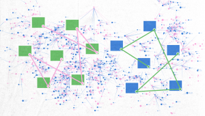 link-equity A complex network diagram with green and blue squares connected by bold lines, overlaid on a background of interconnected pink and blue dots and thin lines, representing data connections or a neural network.