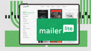 A tablet screen displays the MailerLite website with various email templates, and a large green MailerLite logo overlays the center. Abstract green and black graphic lines decorate the background, highlighting a mailerlite review in a modern setting.