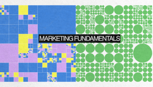 Colorful abstract blocks and circles in blue, green, yellow, and purple, split down the center. "Marketing Fundamentals" stands out in bold white letters on a black rectangle at the center of this vibrant design.