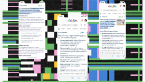 A collage showing three different mobile phone screens displaying Google AI Overviews for digital marketing queries.