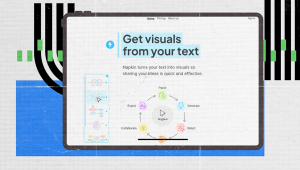 A digital tablet screen displays a website titled Get visuals from your text with descriptive text and icons for actions like paste, generate, select, collaborate, export, and napkin, against a graphic background.