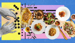 A colorful collage features black-and-white hands playing black dots on a yellow background beside an array of pasta, salad, bread, and grilled meat—an artistic nod to restaurant SEO—set on a bold blue and pink abstract backdrop.