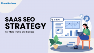 Illustration of a SaaS SEO strategy with a woman analyzing search rankings and traffic growth