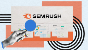 A hand holds a magnifying glass over SEMrush analytics dashboards, with the SEMrush logo above. The background features geometric shapes in orange, black, and light blue.