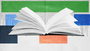An open book with fanned pages is centered over a background of colorful blocks and vertical binary code, blending elements of literature and digital technology.