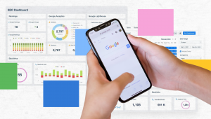 A person holds a smartphone showing the Google homepage. In the background, an SEO Reposting dashboard displays charts, graphs, and analytics data, overlaid with colorful geometric shapes.