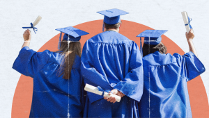 Visual metaphor for SEO success in higher education, featuring graduates in blue gowns holding diplomas—symbolizing increased enrollment and visibility through effective digital strategies.