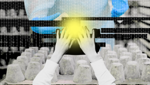 A person wearing lab gloves holds a container emitting a yellow glow over rows of molds, with binary code and digital effects layered over the image, symbolizing how SEO for manufacturers combines technology and innovation.