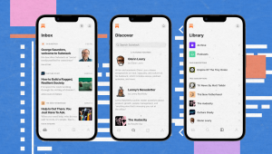 Image of three smartphone screens displaying different sections of the Substack mobile app: Inbox with newsletter updates, Discover with featured writers like Glenn Loury and Lenny Rachitsky, and Library showing active subscriptions. The background features a colorful, geometric blue design with pink and orange accents.