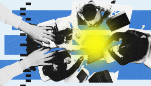 A top-down view of a collaborative team meeting, with hands reaching over laptops and notebooks, highlighted by bright lighting effects and a modern digital overlay.