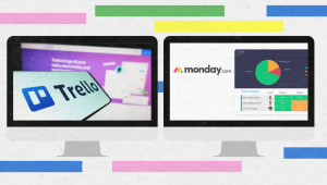 trello-vs-monday Two computer monitors side by side display the dashboards for Trello vs Monday.com, with colorful horizontal bars in the background highlighting a direct comparison of both platforms' features.