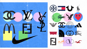 A collage showcasing different types of logos from fashion, luxury, and fast-food brands like Nike, McDonald's, Chanel, and Louis Vuitton, all arranged over colorful circles and squares on a white and blue background.