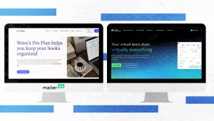 A side-by-side comparison showing Wave and QuickBooks websites displayed on two desktop monitors.